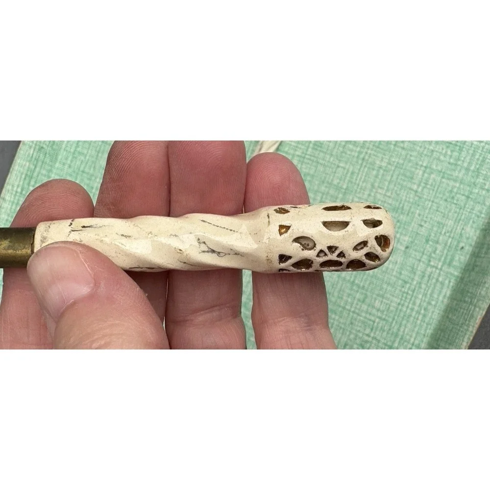 Vintage set of 6 bronze blade fruit knives Bohemia pierced porcelain handles